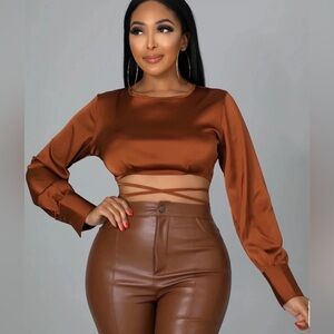 Sans Souci Copper Satin Long-Sleeve Wrap Tie Crop Top